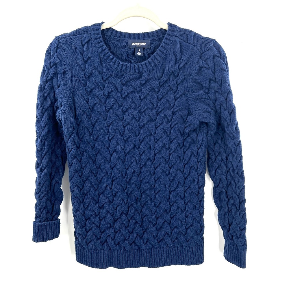 Lands' End Fisherman navy blue‎ sweater heavy knit classic nautical coastal S